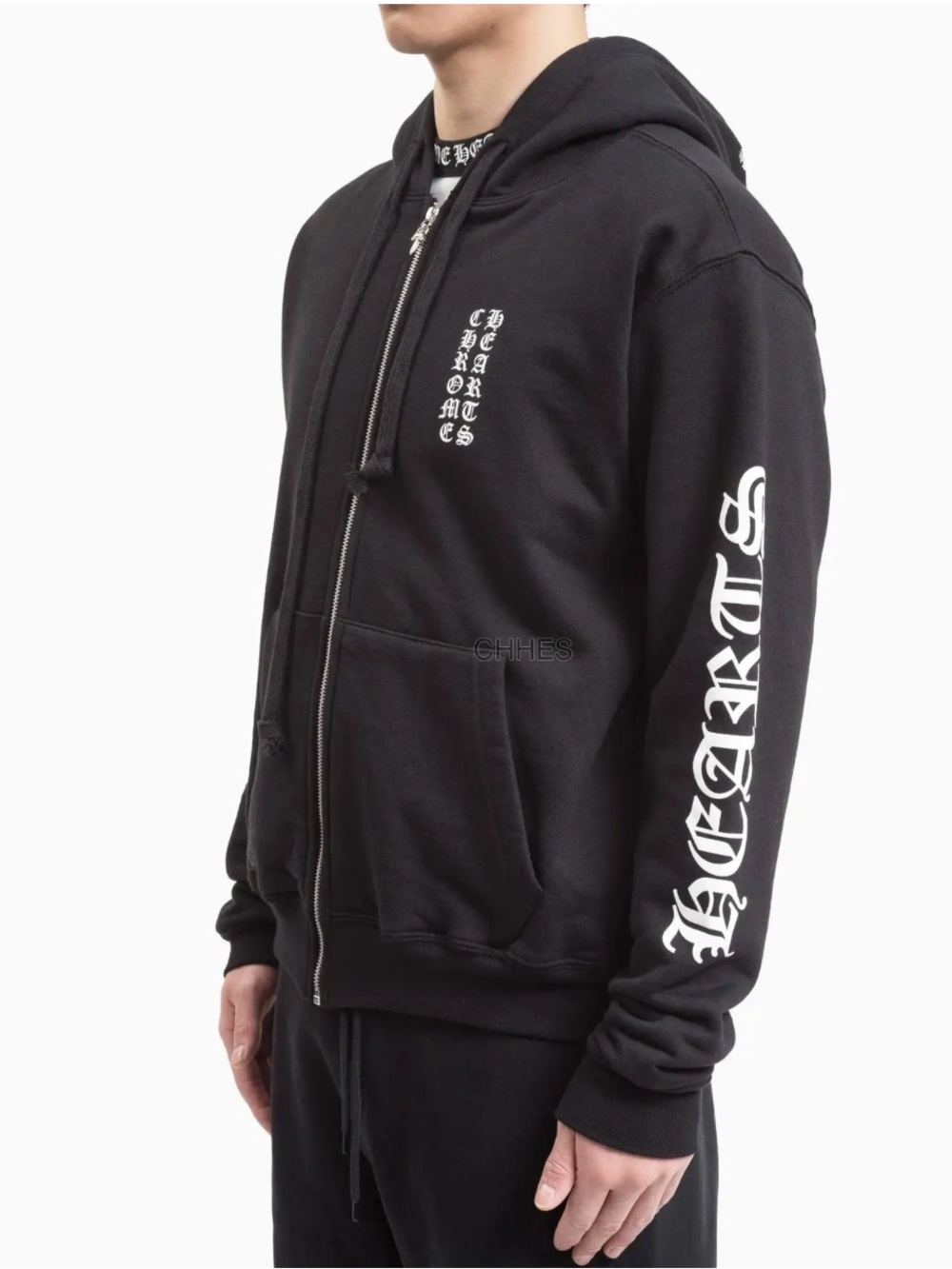 Chrome Hearts Black Zip-Up Hoodie with White Vertical Logo Sleeve Jacket size L